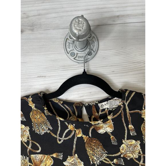 Hana Sung Blouse Womens Medium Black Gold Baroque Tassel Rope Print Short Sleeve - Picture 2 of 8